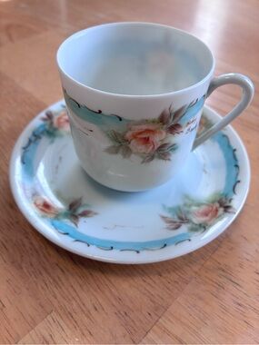 Ruby Brady Vintage Floral Porcelain Cup & Saucer - Blue and Pink Rose Pattern